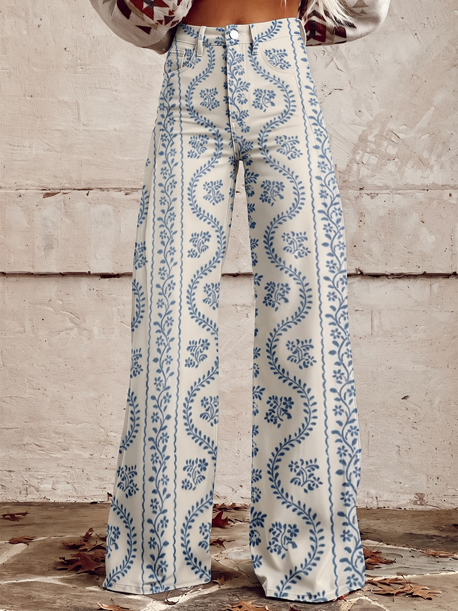 Printed Wide-Leg Plus Size Button-Detail Pants