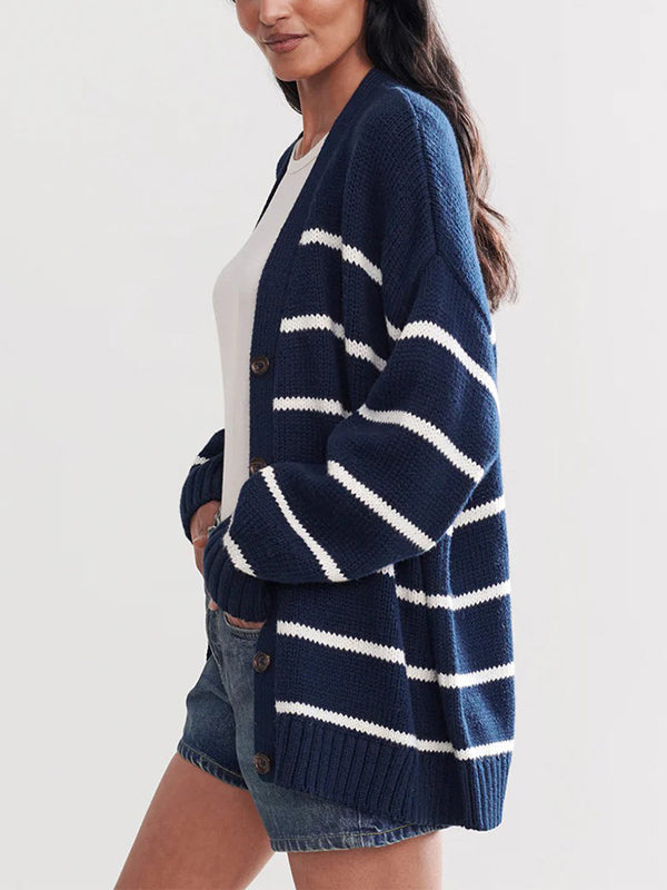 Striped V-Neck Long-Sleeve Relaxed Cardigan
