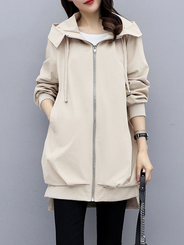 Hooded Pleated Zip Long-Sleeve Jacket