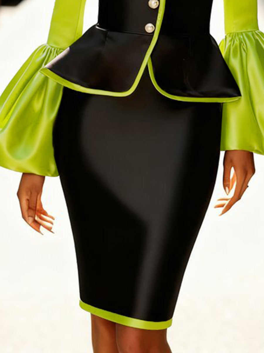 V-Neck Pleated Button-Detail Long-Sleeve Jacket