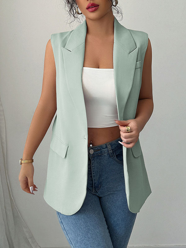 Notch-Collar Button-Detail Pocket Sleeveless Blazer