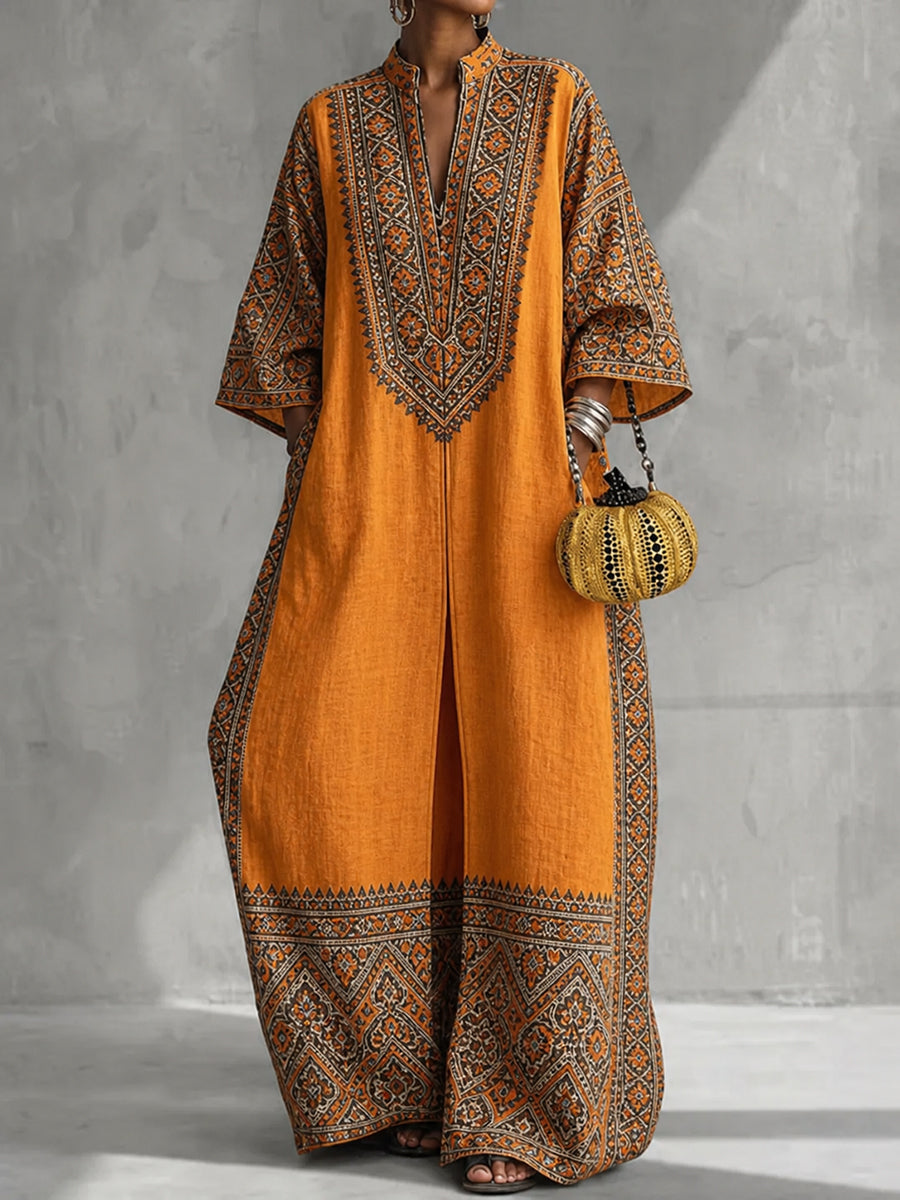 Printed V-Neck Pocket Three-Quarter Sleeve Jumpsuit