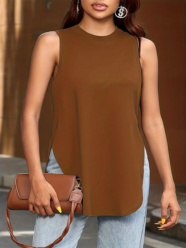 Round-Neck Side-Split Sleeveless Relaxed Cover-Up