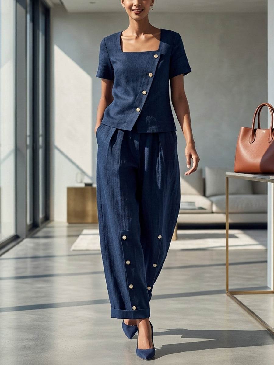 Wide-Leg Button-Detail Pocket Relaxed Pants