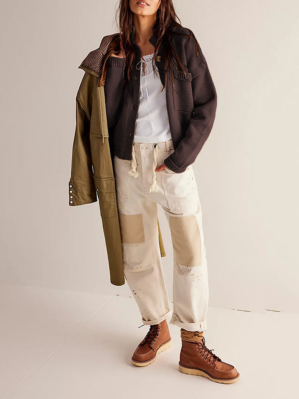 Stand-Collar Button-Detail Pocket Long-Sleeve Cardigan