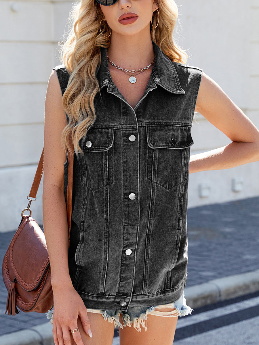 Button-Detail Pocket Sleeveless Relaxed Vest