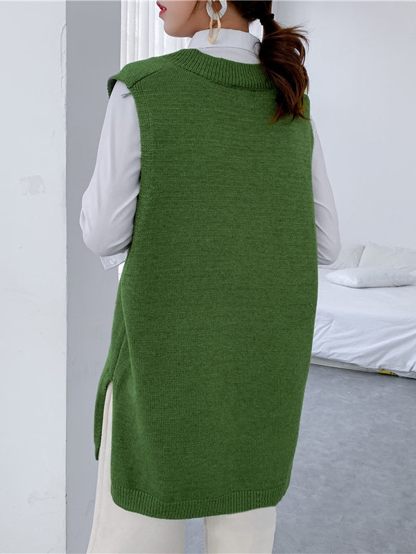Knit V-Neck Side-Split Sleeveless Vest