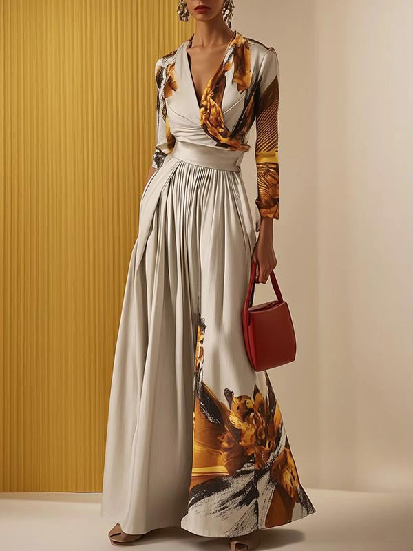 Floral V-Neck Pleated Long-Sleeve Jumpsuit