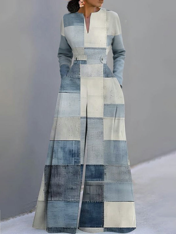 Printed V-Neck Long-Sleeve Relaxed Jumpsuit