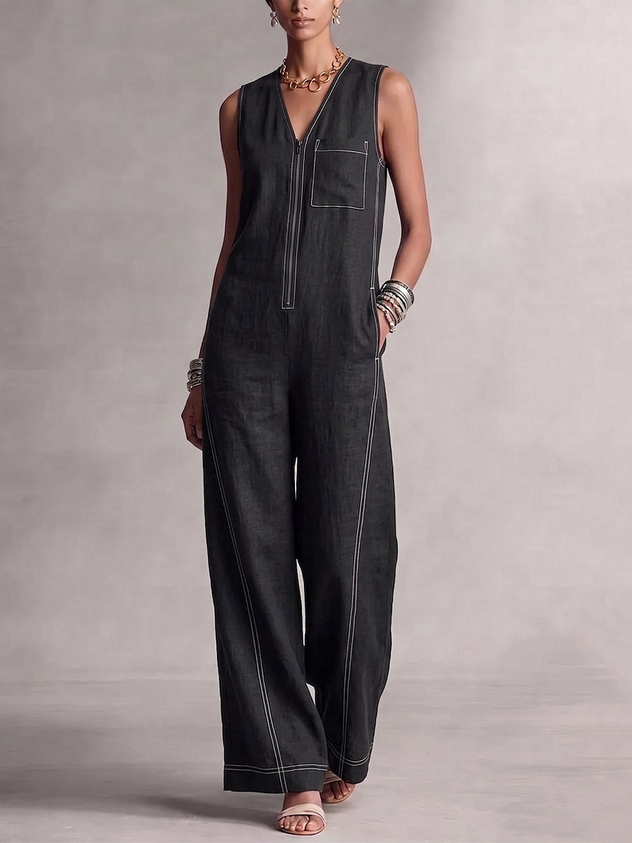 High-Waist V-Neck Zip Pocket Jumpsuit