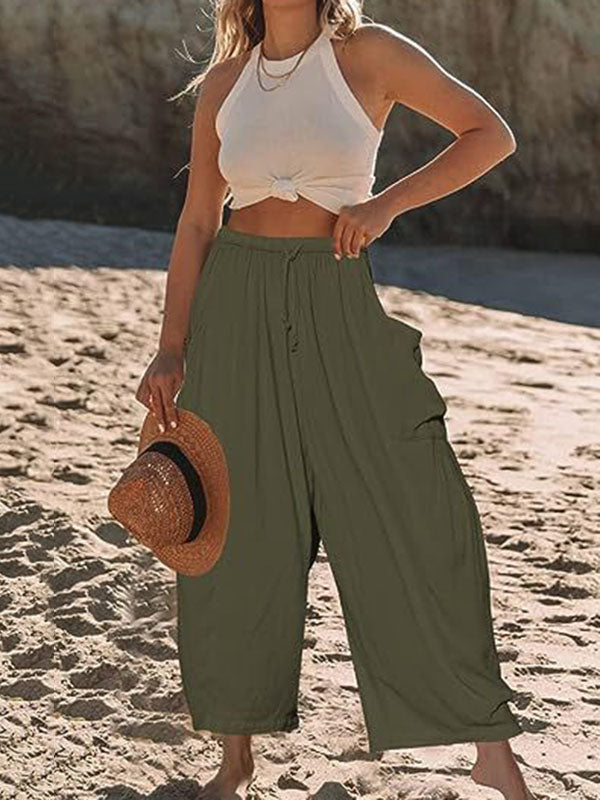 High-Waist Pleated Drawstring Pocket Pants