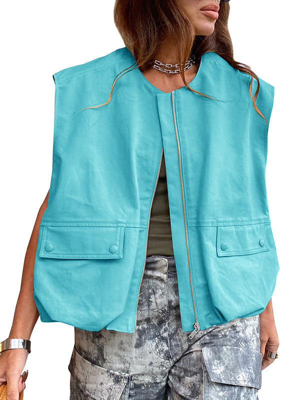 Round-Neck Zip Pocket Sleeveless Vest