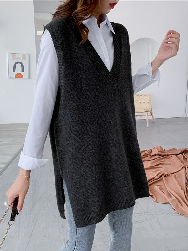 Knit V-Neck Side-Split Sleeveless Vest