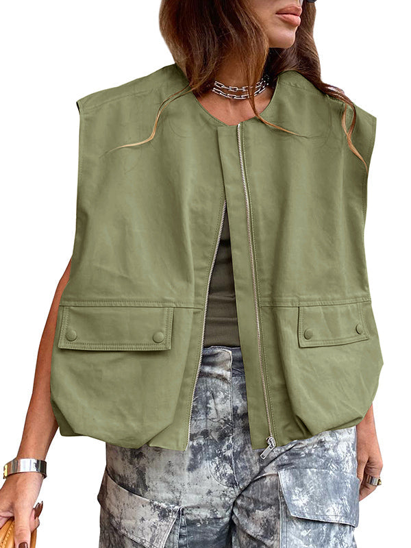 Round-Neck Zip Pocket Sleeveless Vest