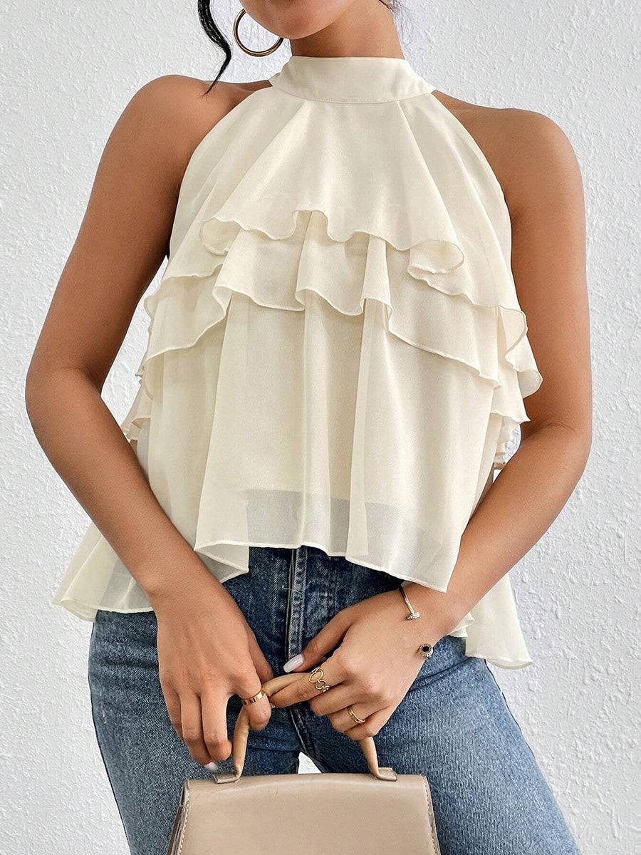 Halter-Neck Ruffle Sleeveless Cut-Out Tank Top