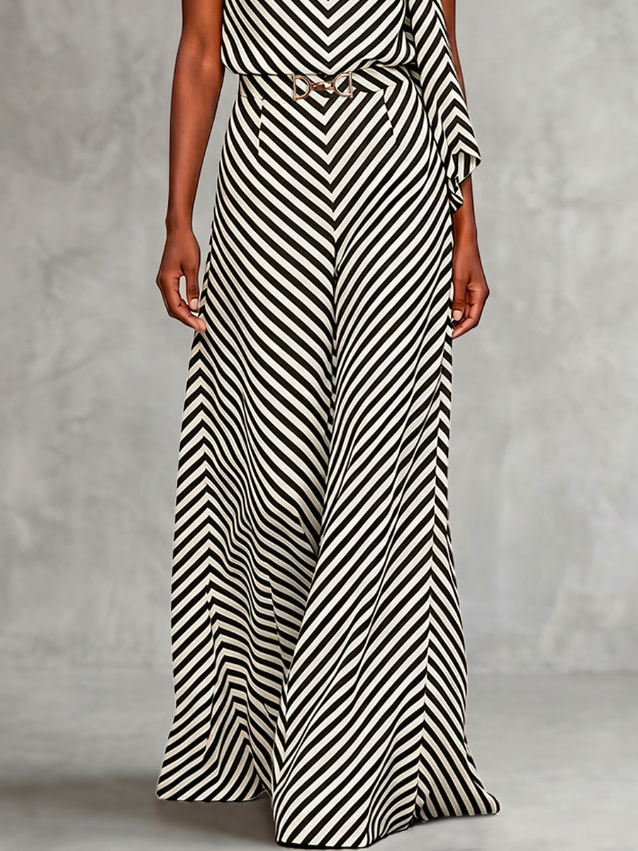 Striped High-Waist Buckle Elastic Pants