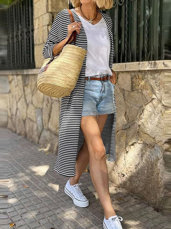 Striped Long-Sleeve Relaxed Contrast Cardigan
