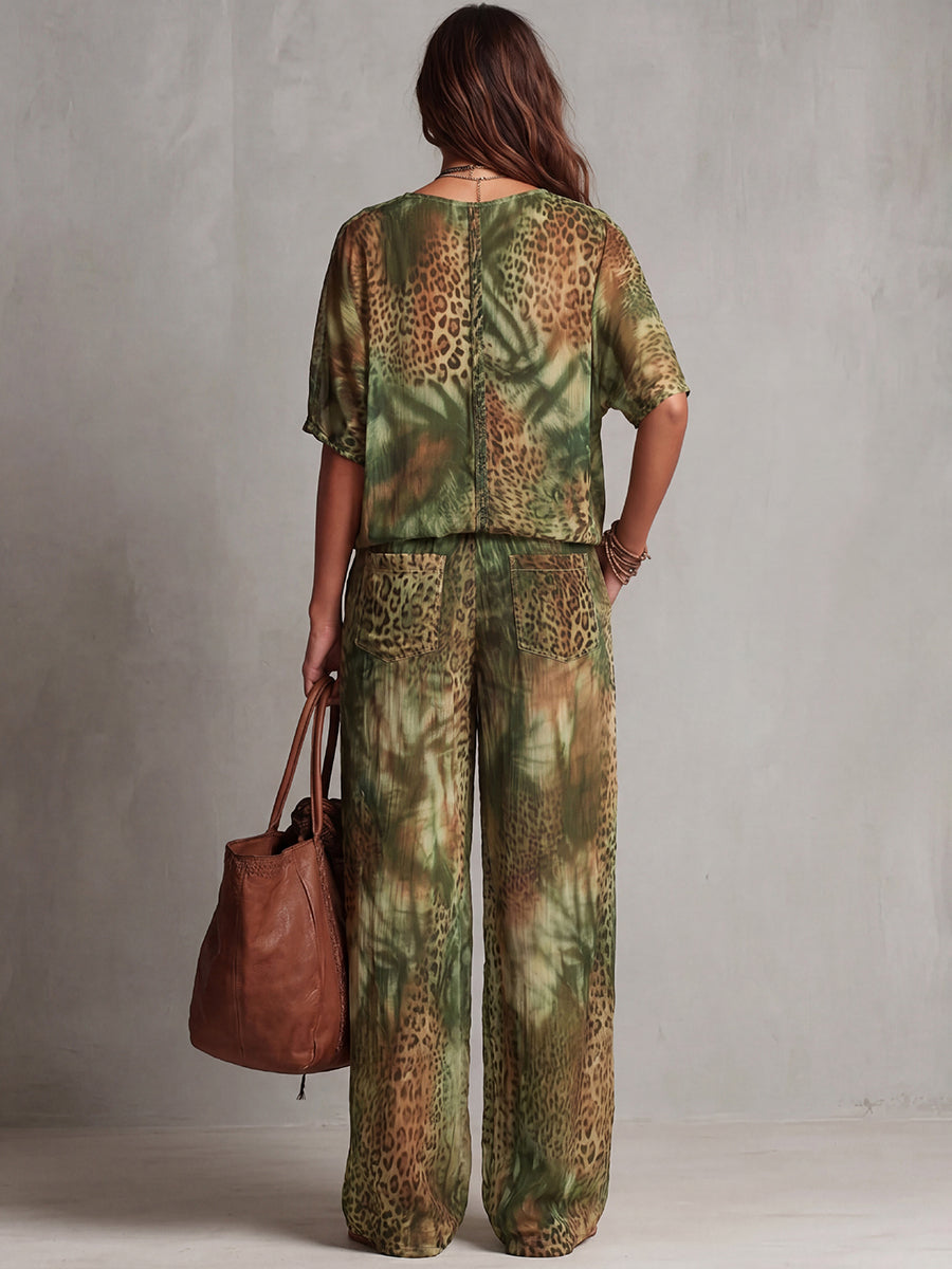 Leopard Print Wide-Leg High-Waist Pocket Pants