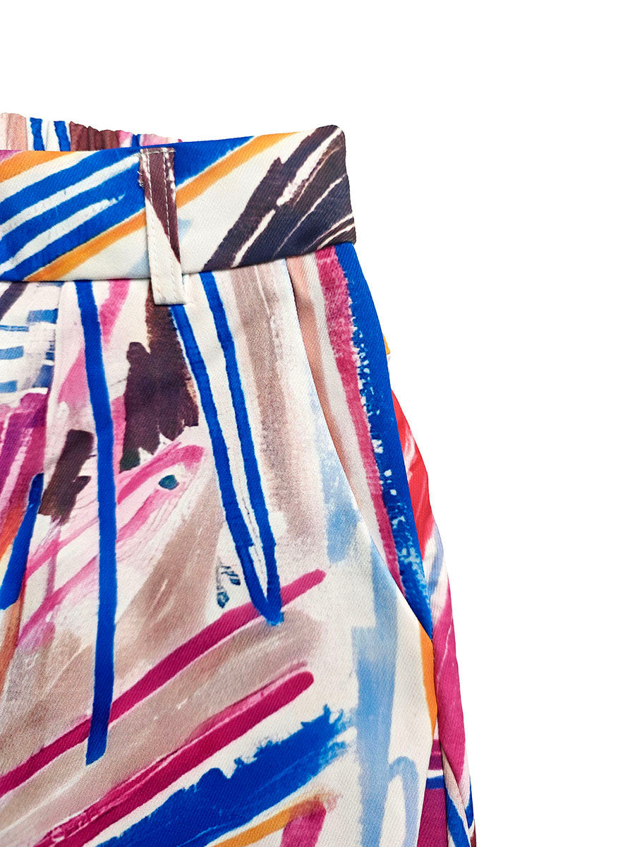Printed Wide-Leg High-Waist Button-Detail Pants