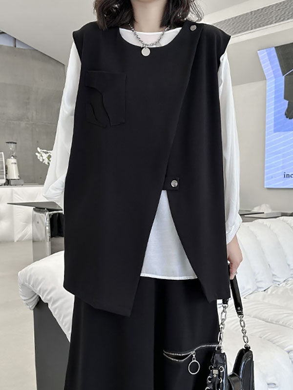 Round-Neck Asymmetric Zip Sleeveless Vest
