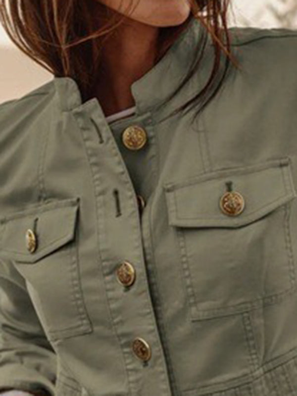 Stand-Collar Pleated Button-Detail Long-Sleeve Jacket