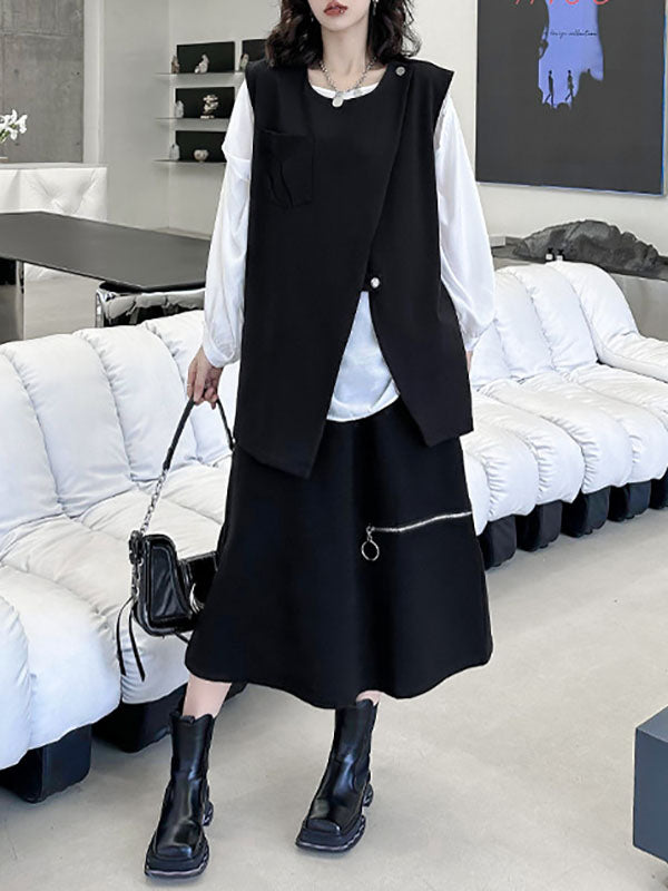Round-Neck Asymmetric Zip Sleeveless Vest