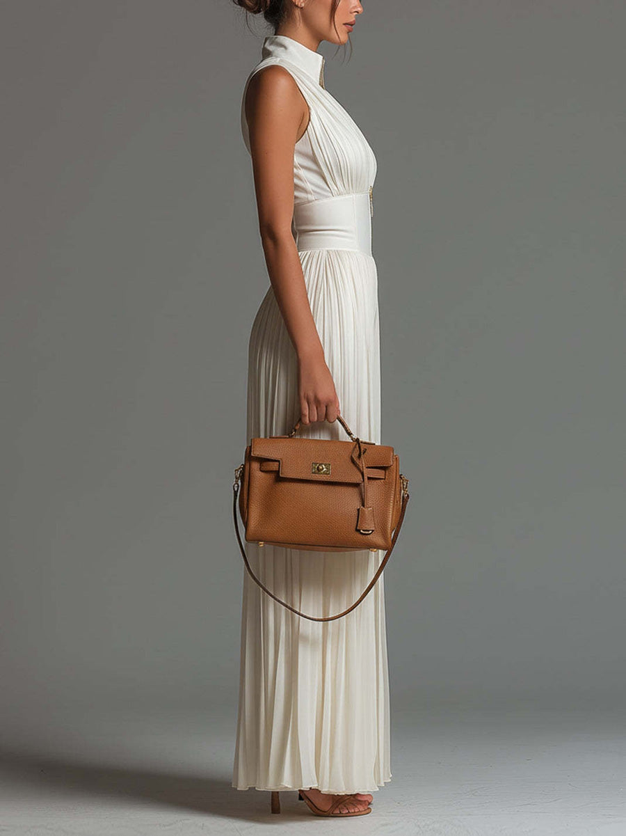 High-Waist V-Neck Pleated Zip Jumpsuit