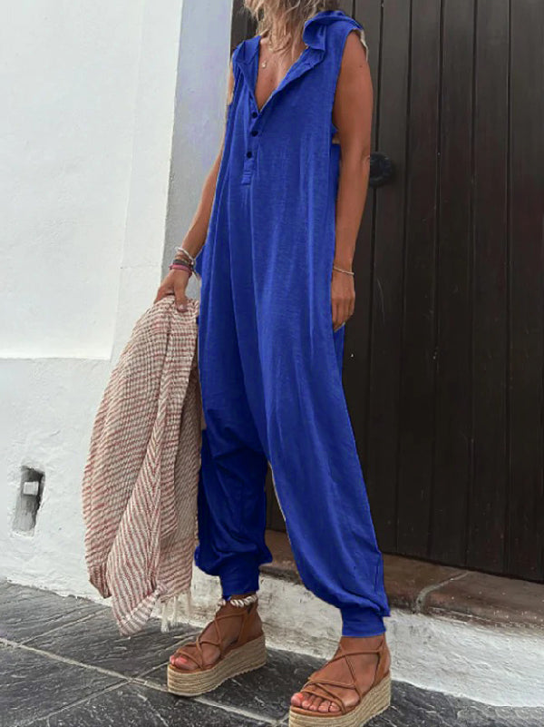V-Neck Hooded Button-Detail Relaxed Jumpsuit