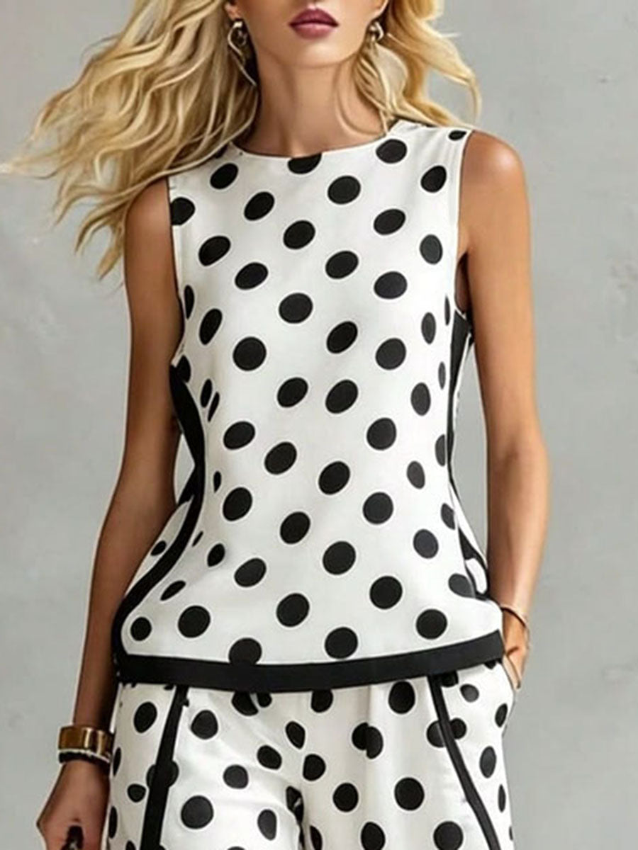 Polka Dot Round-Neck Sleeveless Contrast Tank Top