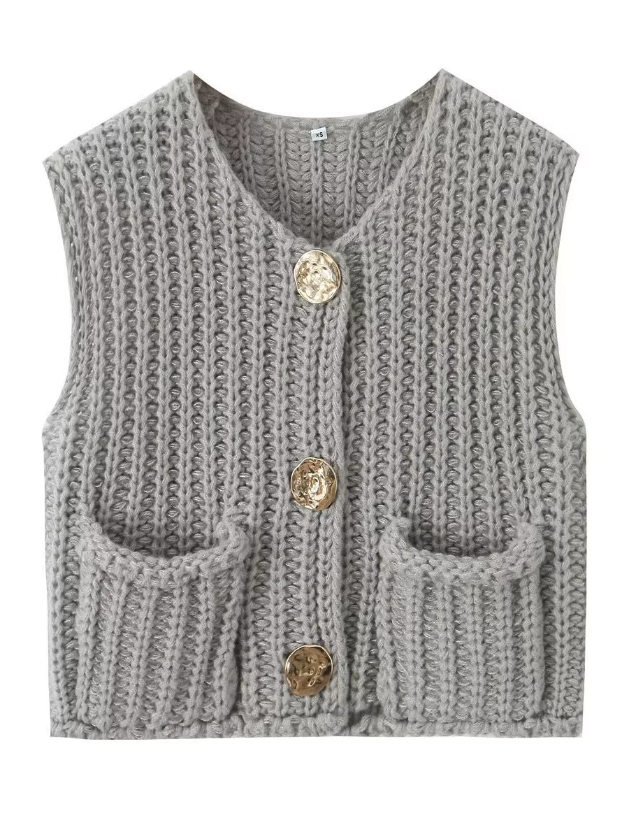 Knit Button-Detail Pocket Sleeveless Cardigan