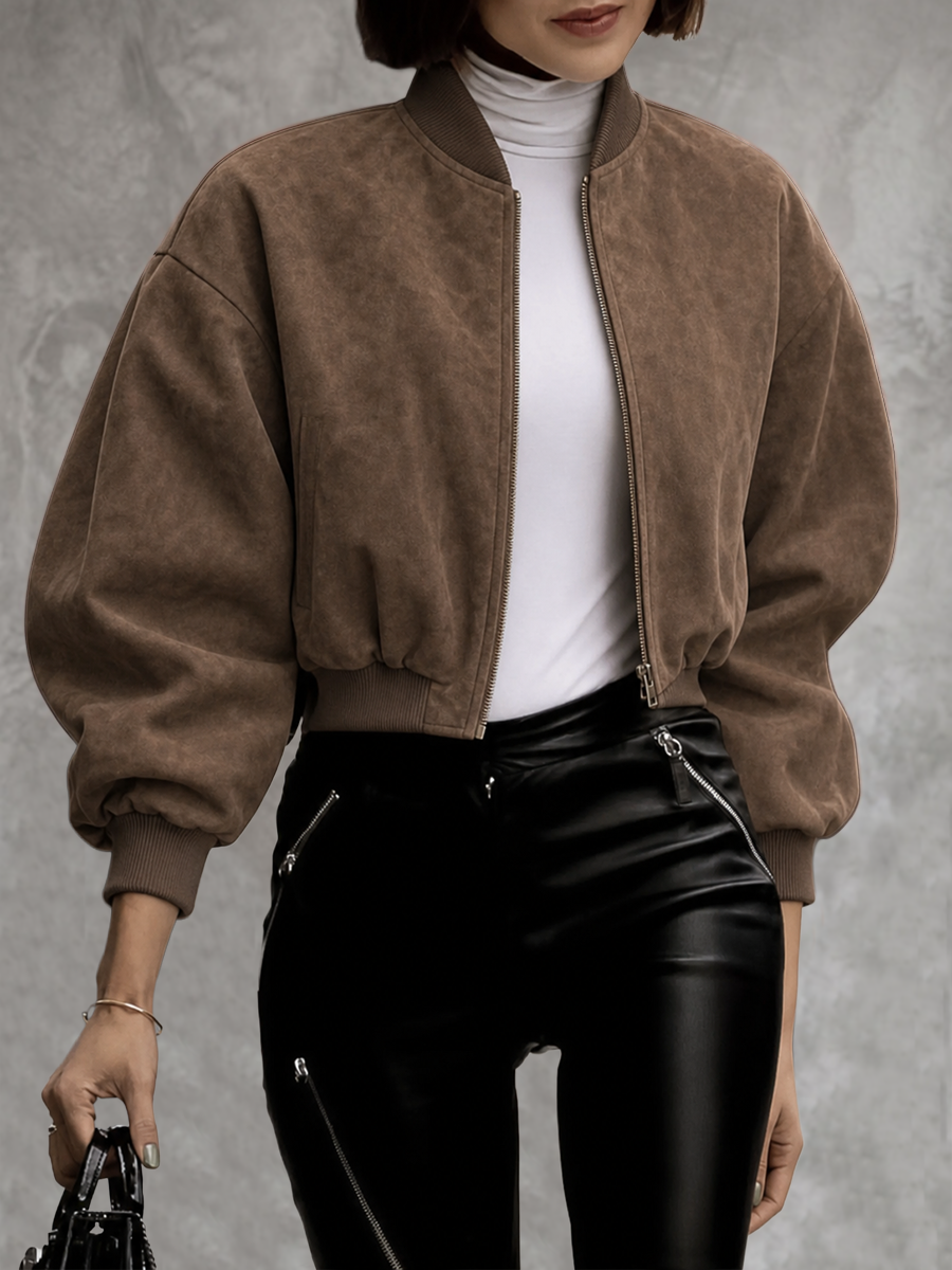 Cropped Round-Neck Zip Long-Sleeve Jacket