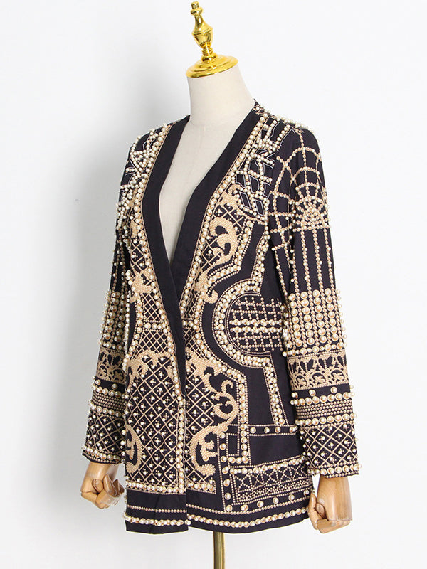 Printed V-Neck Long-Sleeve Relaxed Blazer