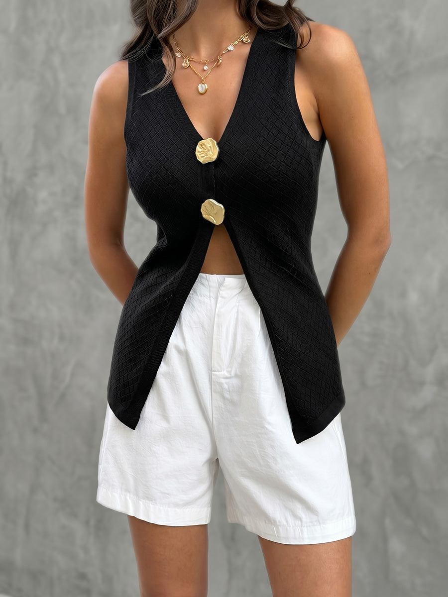 V-Neck Button-Detail Sleeveless Vest