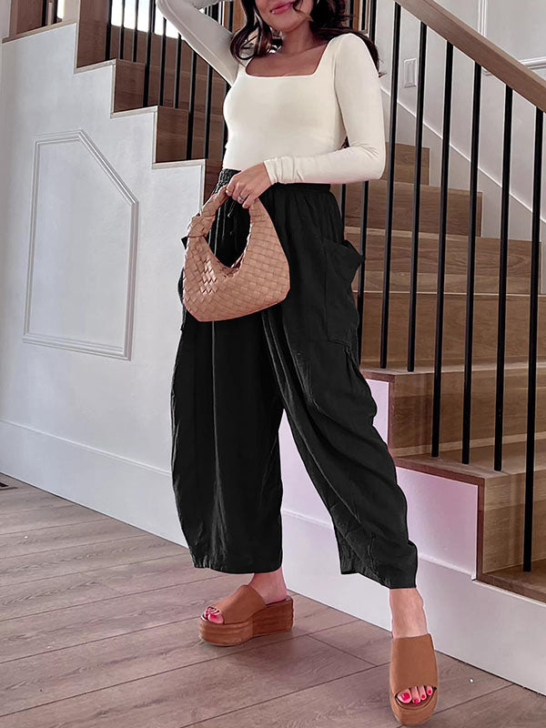High-Waist Pleated Drawstring Pocket Pants