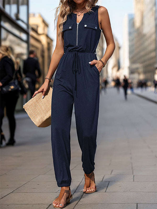 V-Neck Zip Sleeveless Jumpsuit