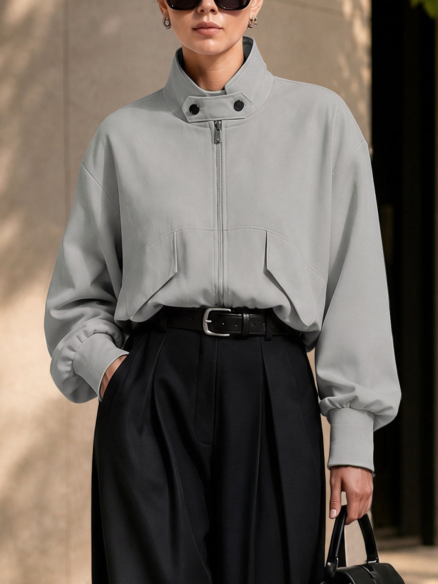 Stand-Collar Zip Long-Sleeve Relaxed Jacket