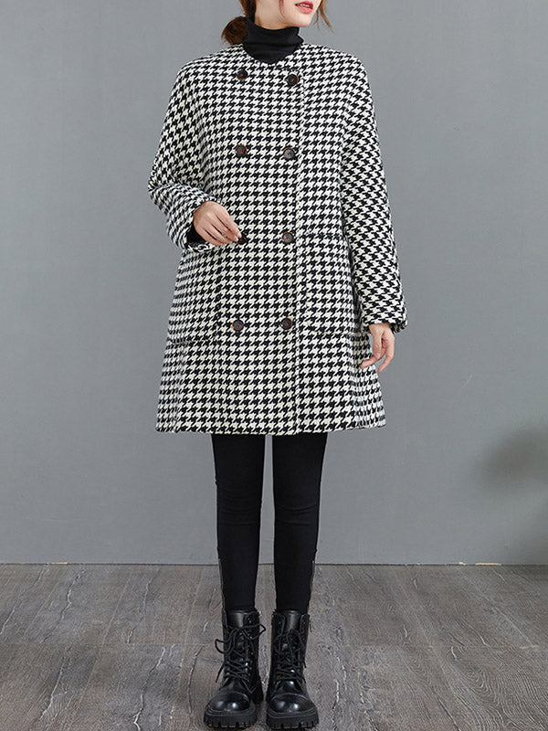 Houndstooth Round-Neck Button-Detail Long-Sleeve Coat