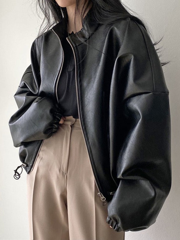 Stand-Collar Drawstring Zip Long-Sleeve Jacket