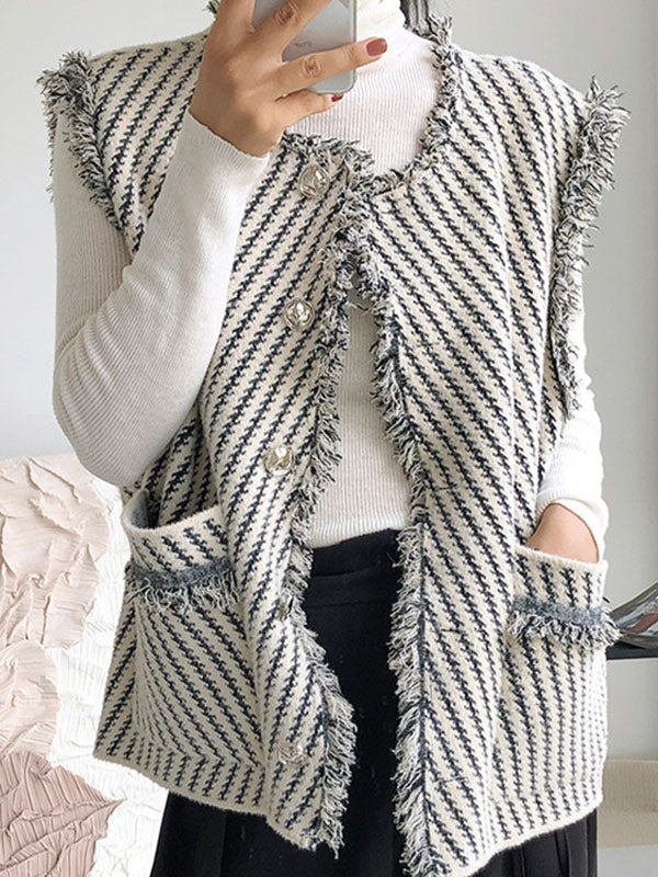 Striped V-Neck Fringe Button-Detail Vest
