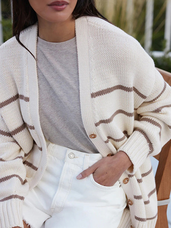 Striped V-Neck Long-Sleeve Relaxed Cardigan