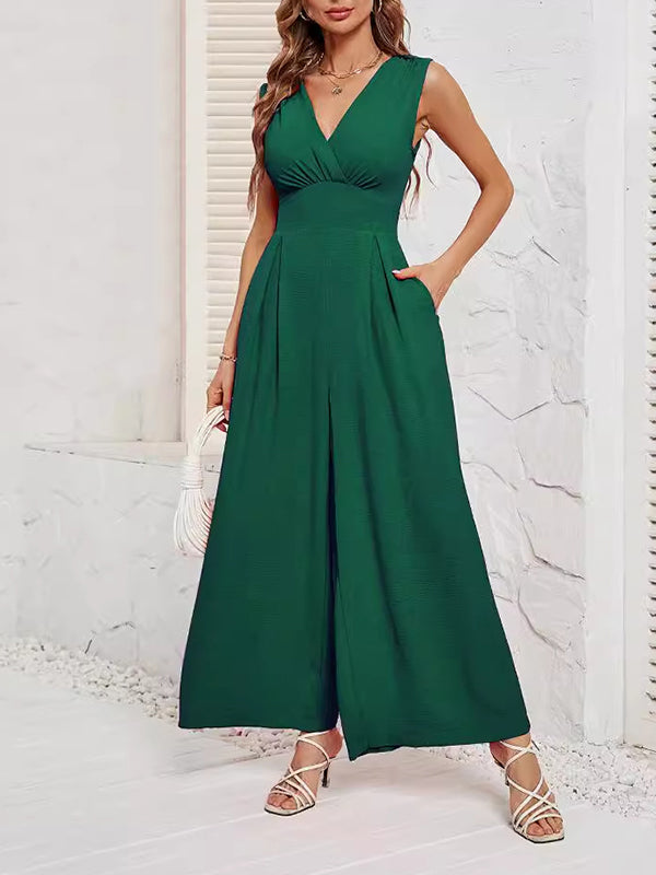 V-Neck Pleated Sleeveless Relaxed Jumpsuit