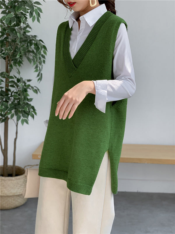 Knit V-Neck Side-Split Sleeveless Vest