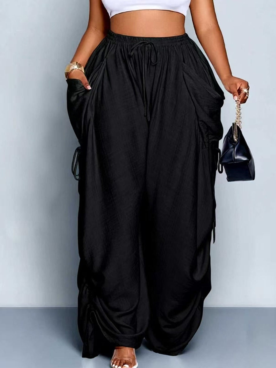 Wide-Leg Plus Size Drawstring Pocket Pants