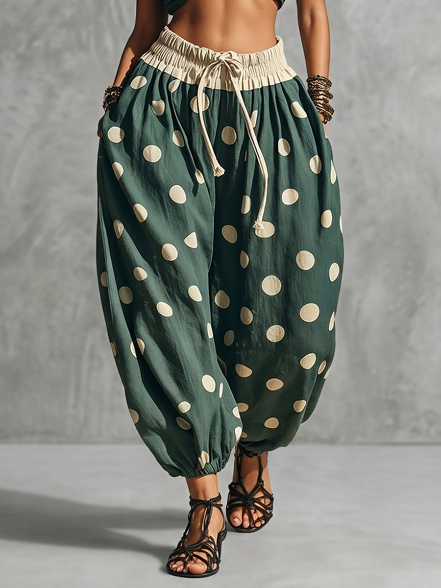 Polka Dot Wide-Leg High-Waist Drawstring Pants