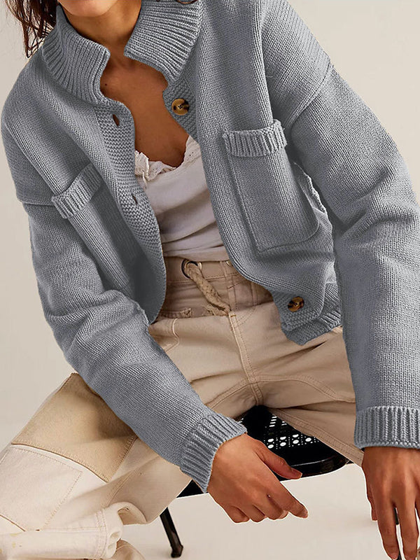 Stand-Collar Button-Detail Pocket Long-Sleeve Cardigan