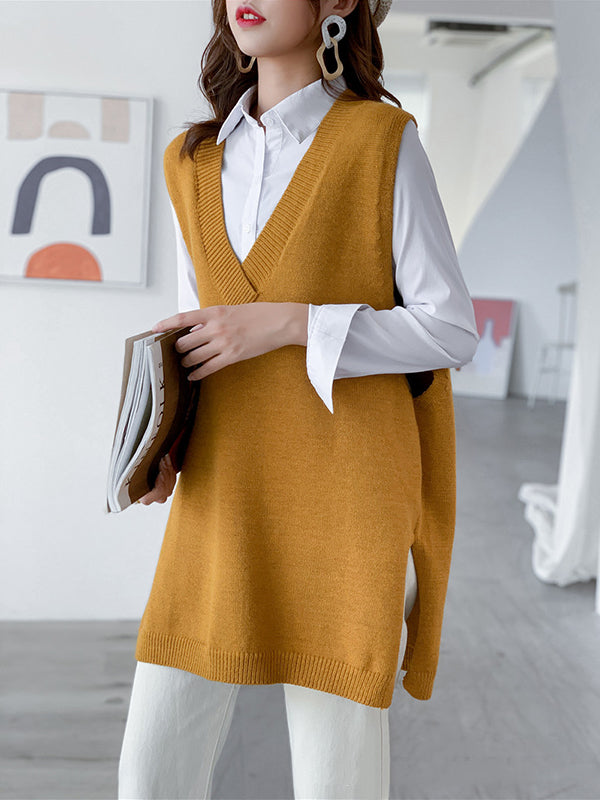 Knit V-Neck Side-Split Sleeveless Vest