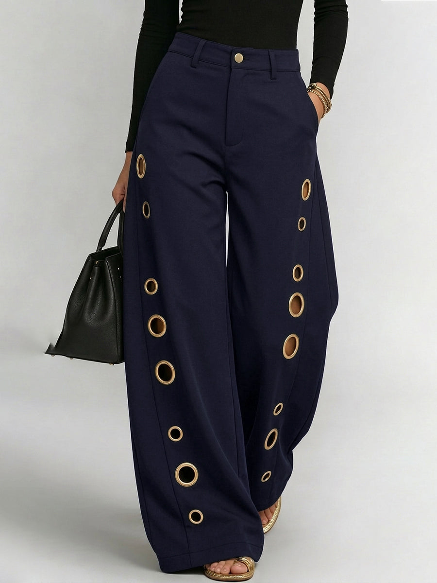 Wide-Leg High-Waist Button-Detail Pocket Pants
