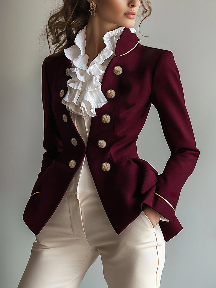 Stand-Collar Button-Detail Long-Sleeve Blazer