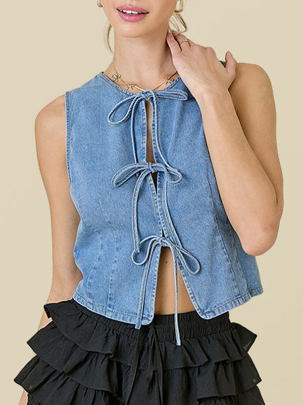 Lace Round-Neck Sleeveless Relaxed Vest