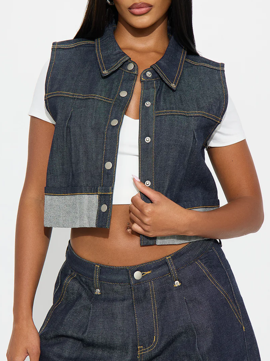 Pleated Button-Detail Sleeveless Relaxed Vest